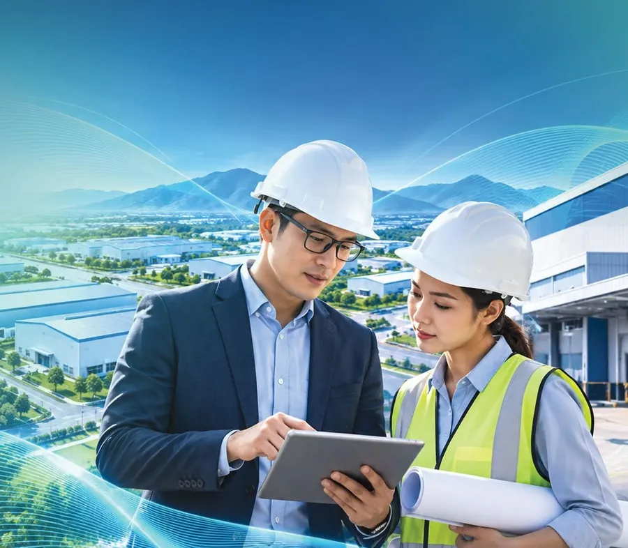 Chuyên viên và kỹ sư xem hồ sơ dự án tại công trường